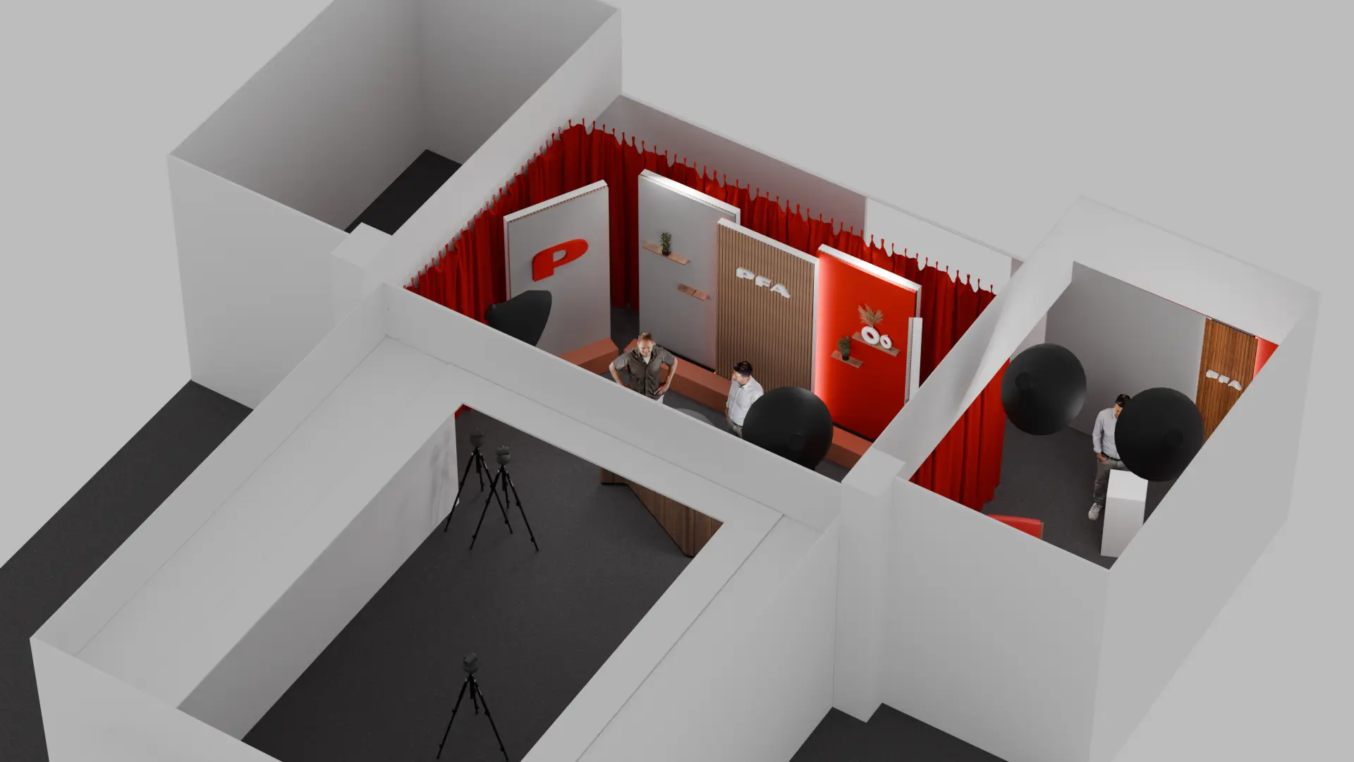 3D visualization of studio construction and installation.