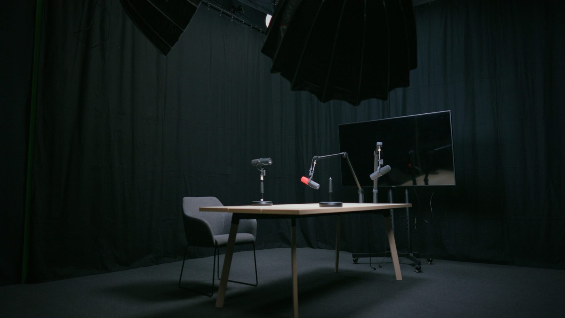 An empty podcast and vodcast studio ready for production